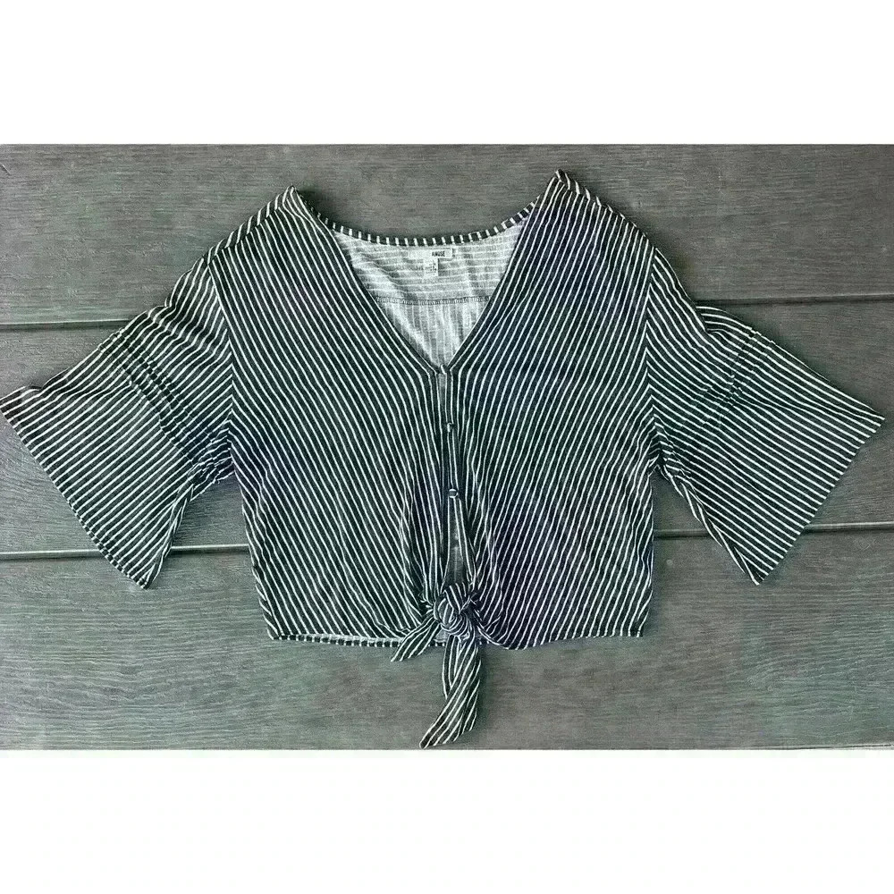 AMUSE SOCIETY Striped Marine Dreams Knit Tie Waist Bell Sleeve Top Boho Sz Small